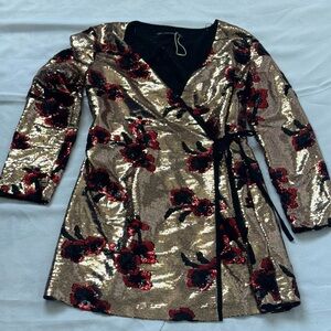 Gold Sequin Wrap Dress with Red Floral Design